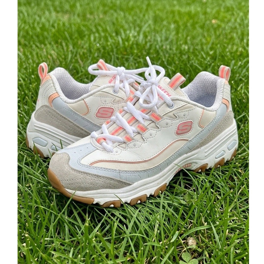 SKECHERS D'Lites Women's Memory Foam Sneaker White Peach Gray SN 149589